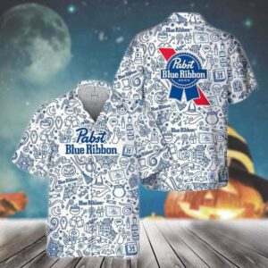 Pabst Blue Ribbon Beer Happy Halloween Doodle Art Hawaiian Shirt BJ