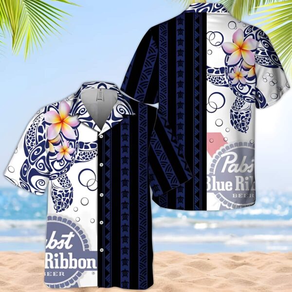 Pabst Blue Ribbon Beer Polynesian Blend Ocean Turtle Hawaiian Shirt GF