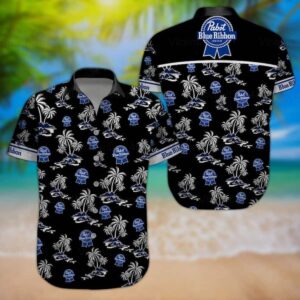 Pabst Blue Ribbon Black Aloha Coconut Tree Pattern ?V=1 Hawaiian Shirt SK