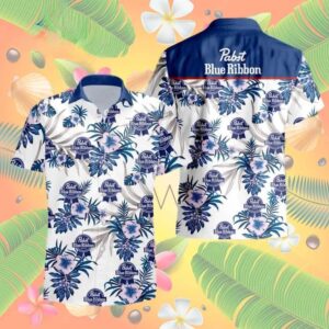 Pabst Blue Ribbon Hibiscus Flower Pattern Hawaiian Shirt XY