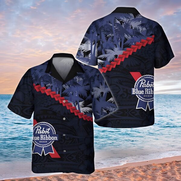Pabst Blue Ribbon Palm Tree Blend Polynesian Pattern Hawaiian Shirt OB
