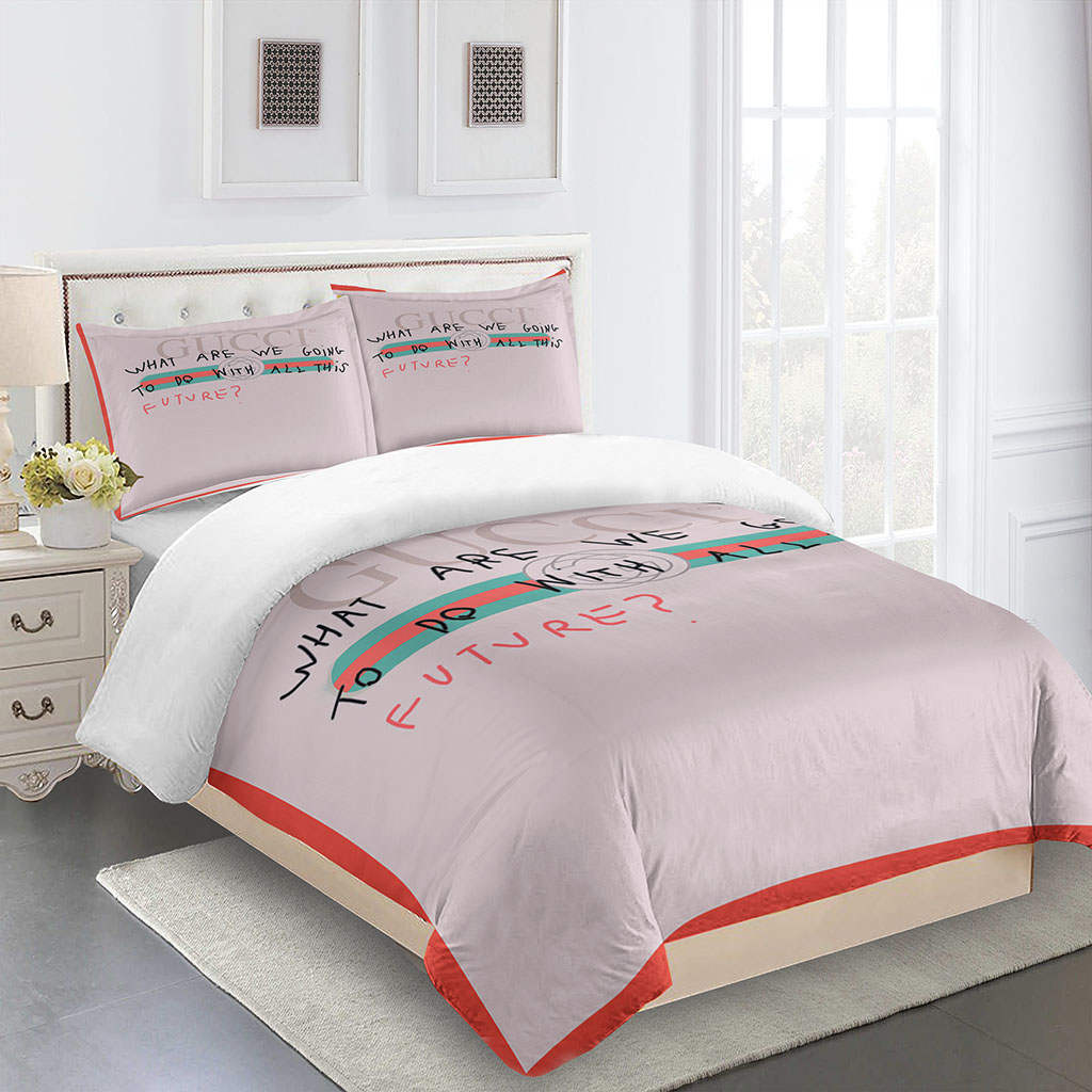 Gucci Pink Rose Logo Brand Bedding Set Bedroom Home Decor Bedspread Luxury