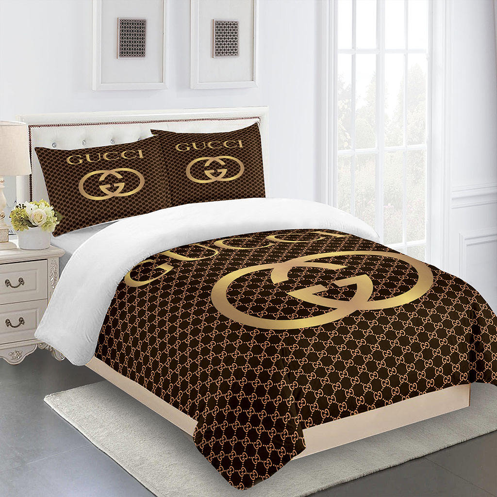 Gucci Dark Brown And Gold Logo Brand Bedding Set Bedspread Home Decor Bedroom Luxury