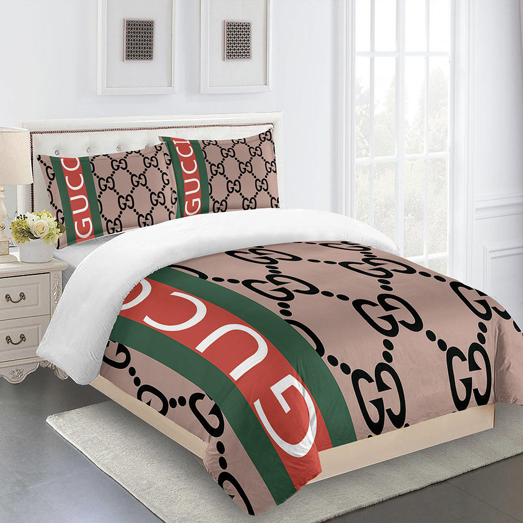 Gucci Beige Red Green Logo Brand Bedding Set Home Decor Bedspread Luxury Bedroom