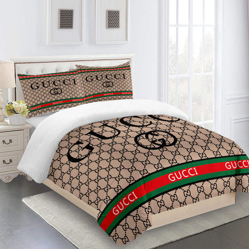 Gucci Beig Brown Red Green Logo Brand Bedding Set Bedspread Bedroom Luxury Home Decor