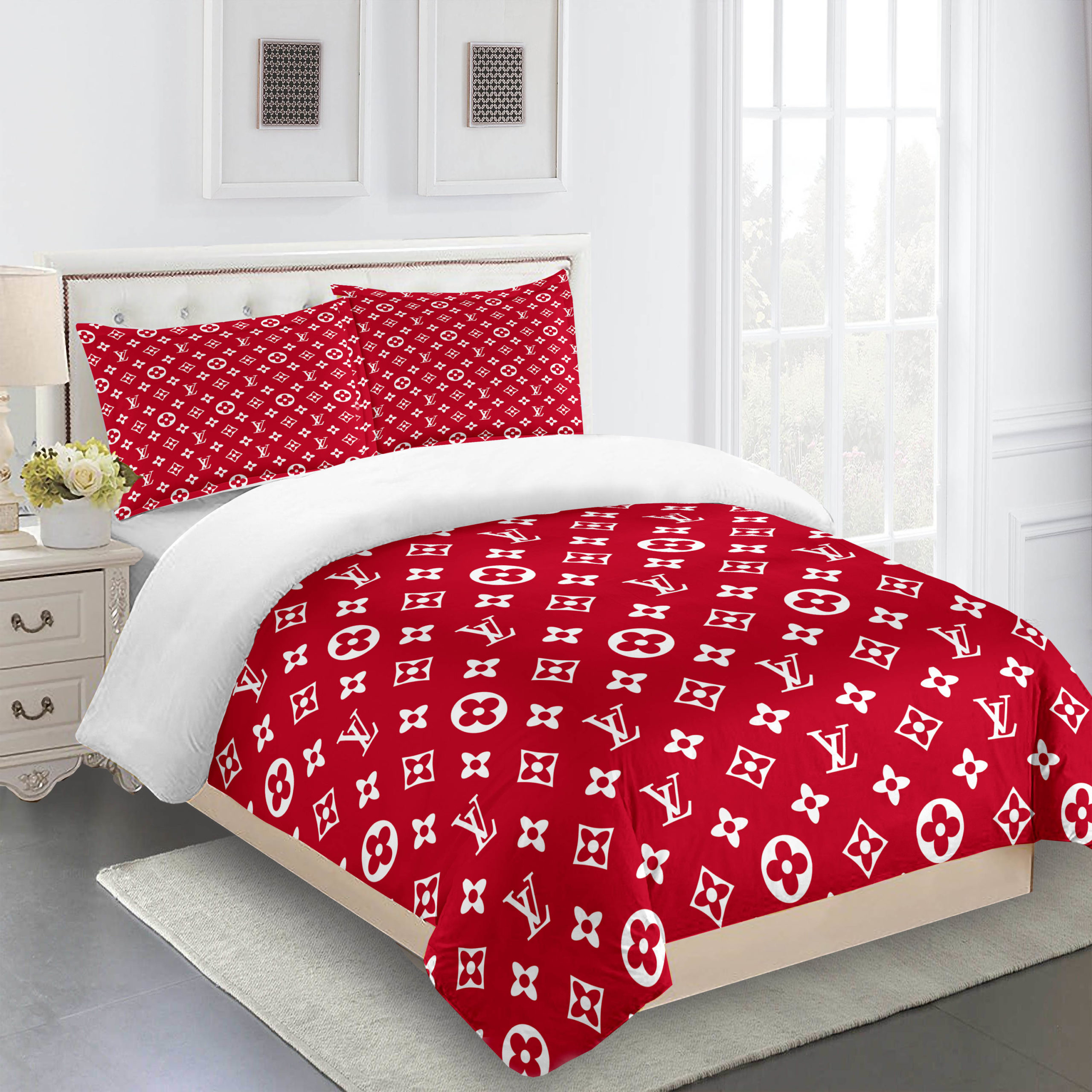 Red White Supreme Full Louis Vuitton Logo Brand Bedding Set Luxury Home Decor Bedspread Bedroom