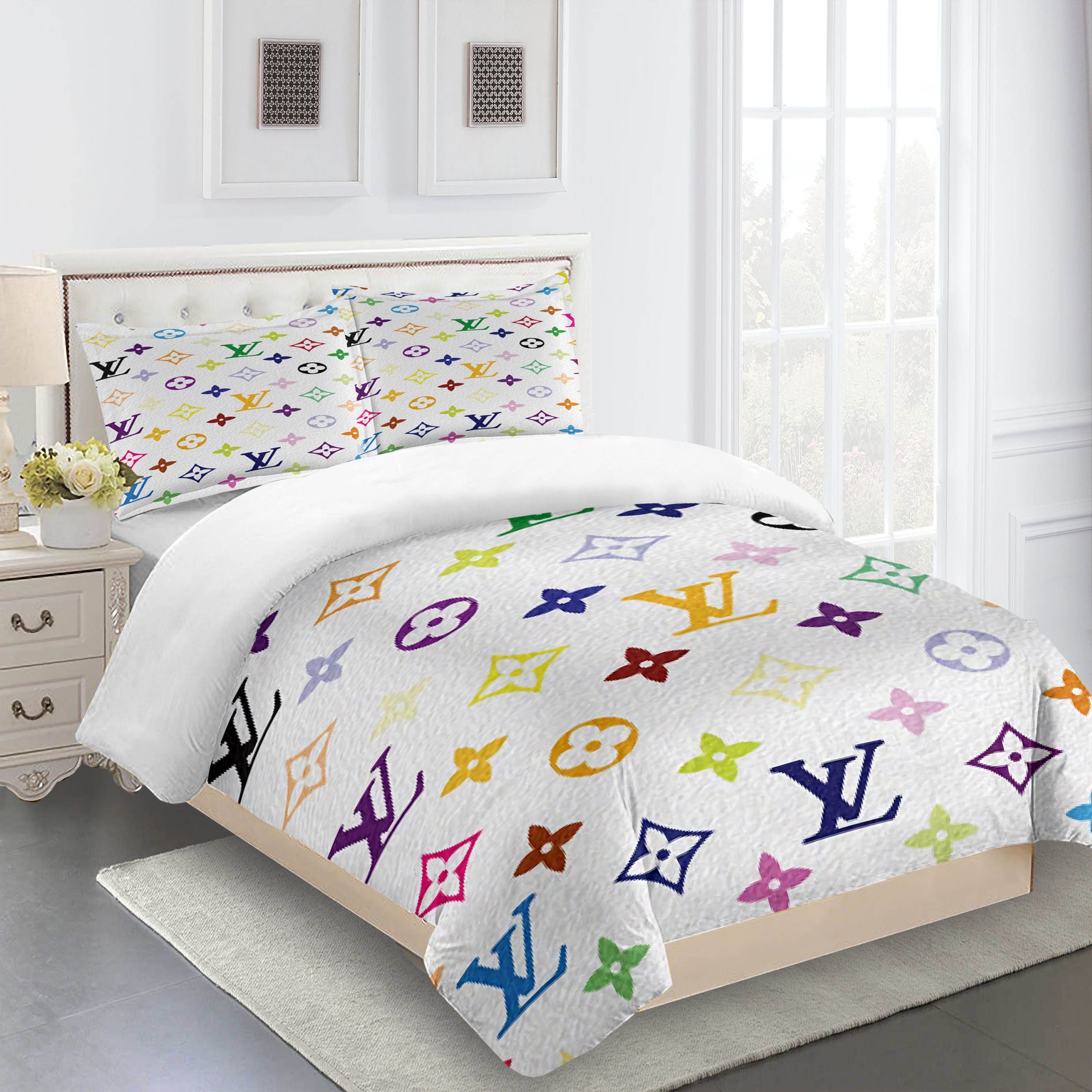 Fullmulticolor Louis Vuitton Logo Brand Bedding Set Luxury Bedspread Bedroom Home Decor