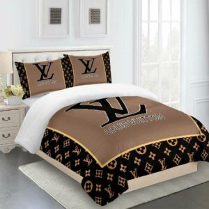 Dark Beige Black Full Louis Vuitton Logo Brand Bedding Set Bedspread Luxury Home Decor Bedroom