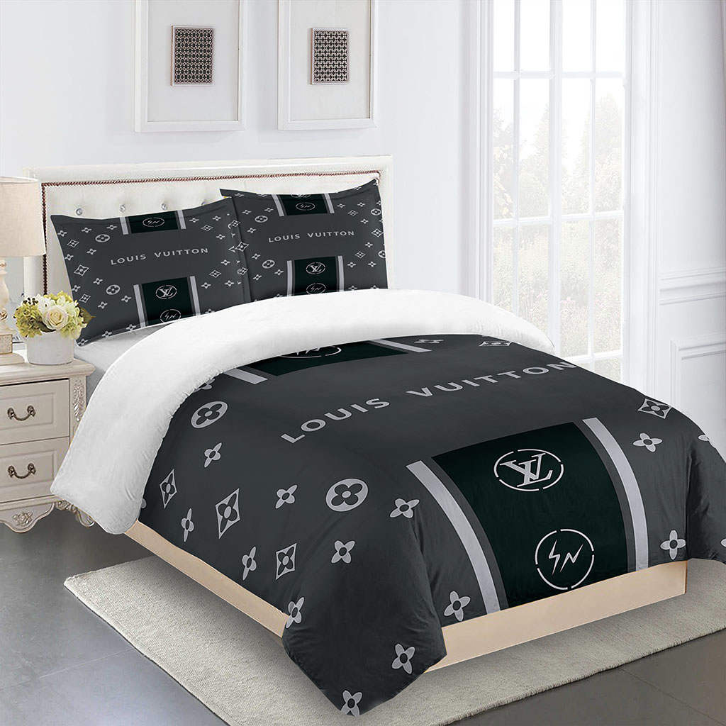 Beautiful Gray Black Louis Vuitton Logo Brand Bedding Set Home Decor Bedroom Luxury Bedspread