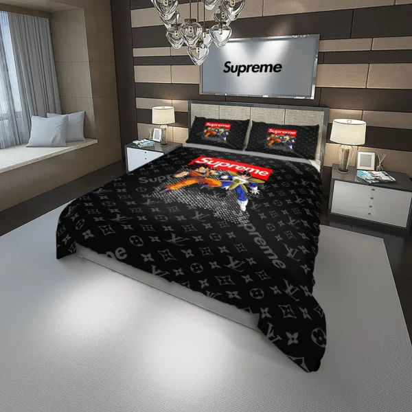 Louis Vuitton Supreme Goku Vegeta Dragonball French Personalized Customized Logo Brand Bedding Set Bedspread Bedroom Luxury Home Decor