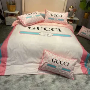 Gucci White Pink Logo Brand Bedding Set Bedspread Luxury Bedroom Home Decor