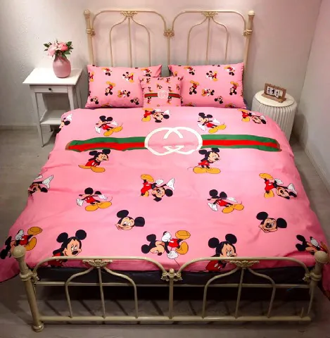 Gucci Micky Mouse Pink Logo Brand Bedding Set Home Decor Luxury Bedspread Bedroom