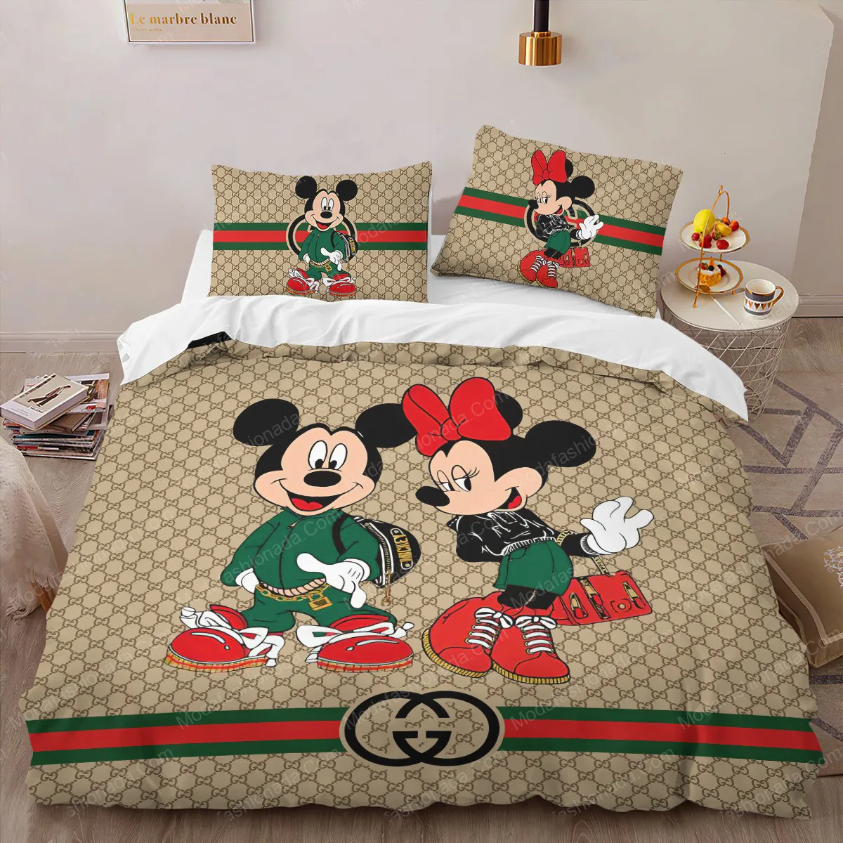 Gucci Mickey Mouse Logo Brand Bedding Set Home Decor Bedspread Bedroom Luxury