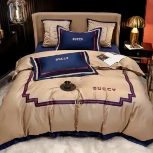 Gucci Beige Navy Logo Brand Bedding Set Bedspread Bedroom Luxury Home Decor