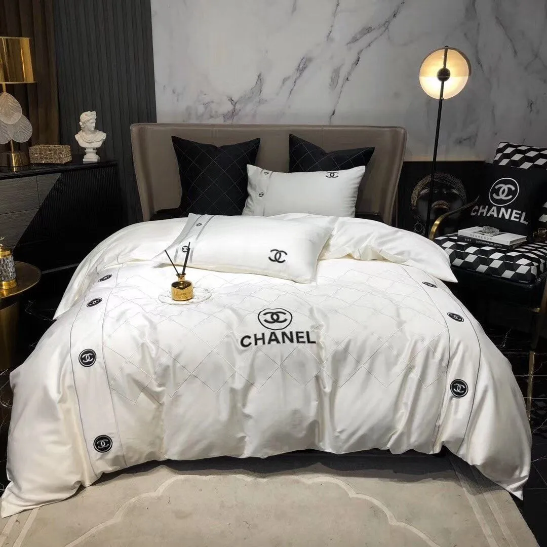 Chanel White Logo Brand Bedding Set Luxury Bedroom Bedspread Home Decor