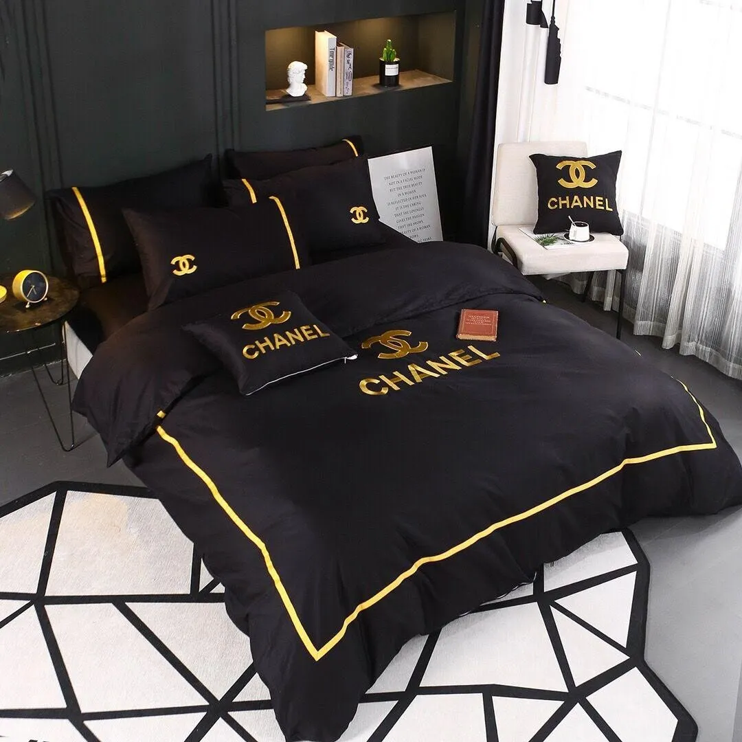 Chanel Black Logo Brand Bedding Set Home Decor Luxury Bedspread Bedroom