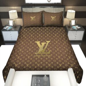 Gold Louis Vuitton Symbol Logo Brand Bedding Set Bedspread Home Decor Luxury Bedroom