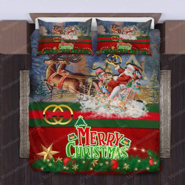 Santa Claus’S Reindeer Gucci Logo Brand Bedding Set Bedspread Home Decor Bedroom Luxury