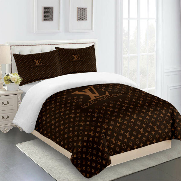 Full Brown Louis Vuitton Logo Brand Bedding Set Luxury Home Decor Bedroom Bedspread