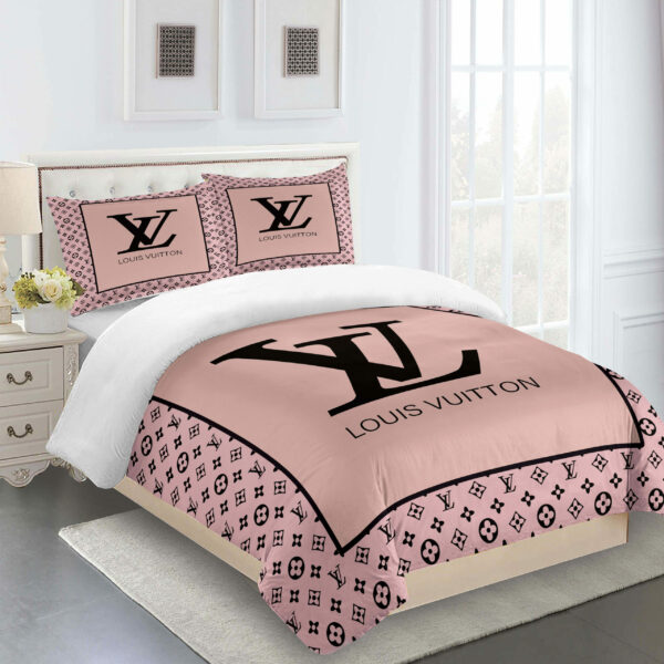 Full Pink And Black Louis Vuitton Logo Brand Bedding Set Bedroom Bedspread Home Decor Luxury