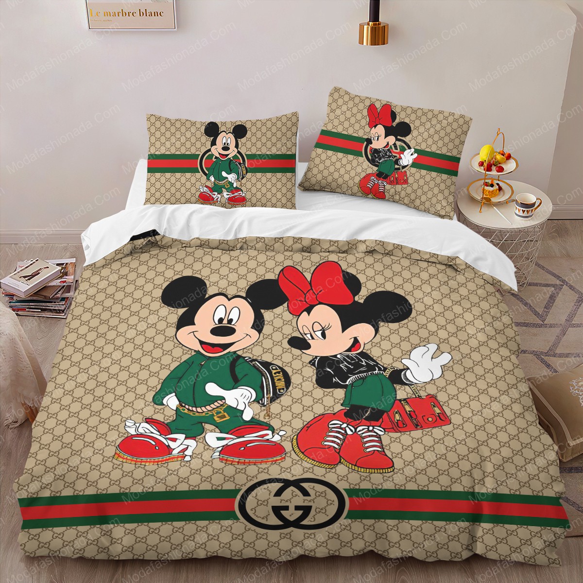 Gucci Mickey Mouse Logo Brand Bedding Set Bedspread Home Decor Luxury Bedroom