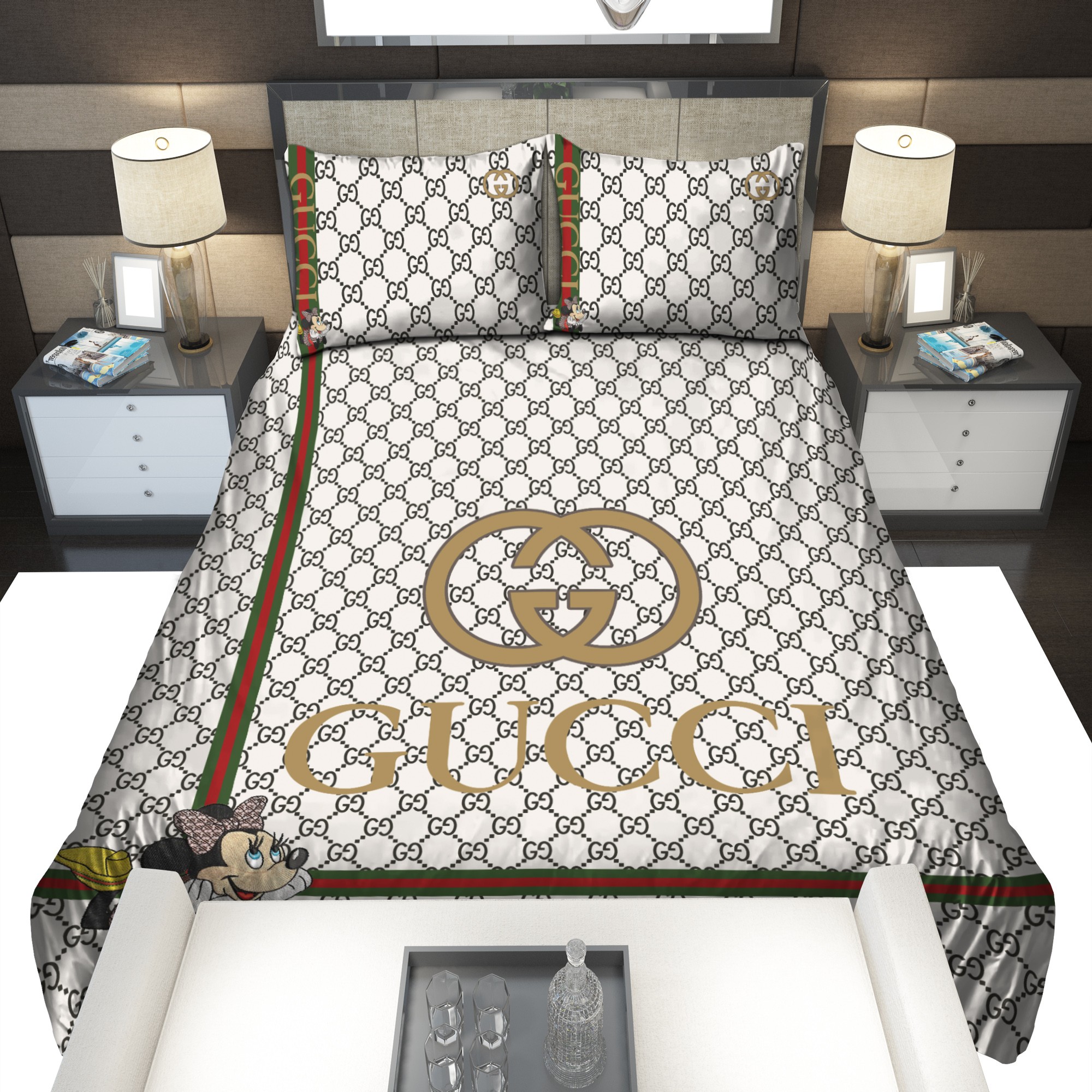 Gold Gucci Mickey Mouse Logo Brand Bedding Set Luxury Bedspread Home Decor Bedroom