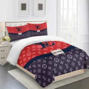 Supreme Blue And Red Louis Vuitton Logo Brand Bedding Set Luxury Bedspread Home Decor Bedroom