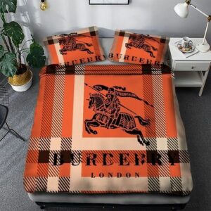 Burberry Orange Logo Brand Bedding Set Luxury Bedspread Home Decor Bedroom