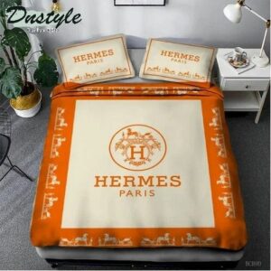 Hermes Paris Logo Brand Bedding Set Bedspread Bedroom Luxury Home Decor