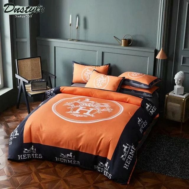 Hermes Paris Logo Brand Bedding Set Bedspread Bedroom Luxury Home Decor