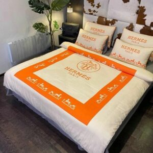 Hermes Paris Logo Brand Bedding Set Luxury Bedspread Bedroom Home Decor