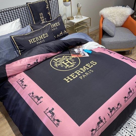 Hermes Paris Logo Brand Bedding Set Bedspread Luxury Home Decor Bedroom