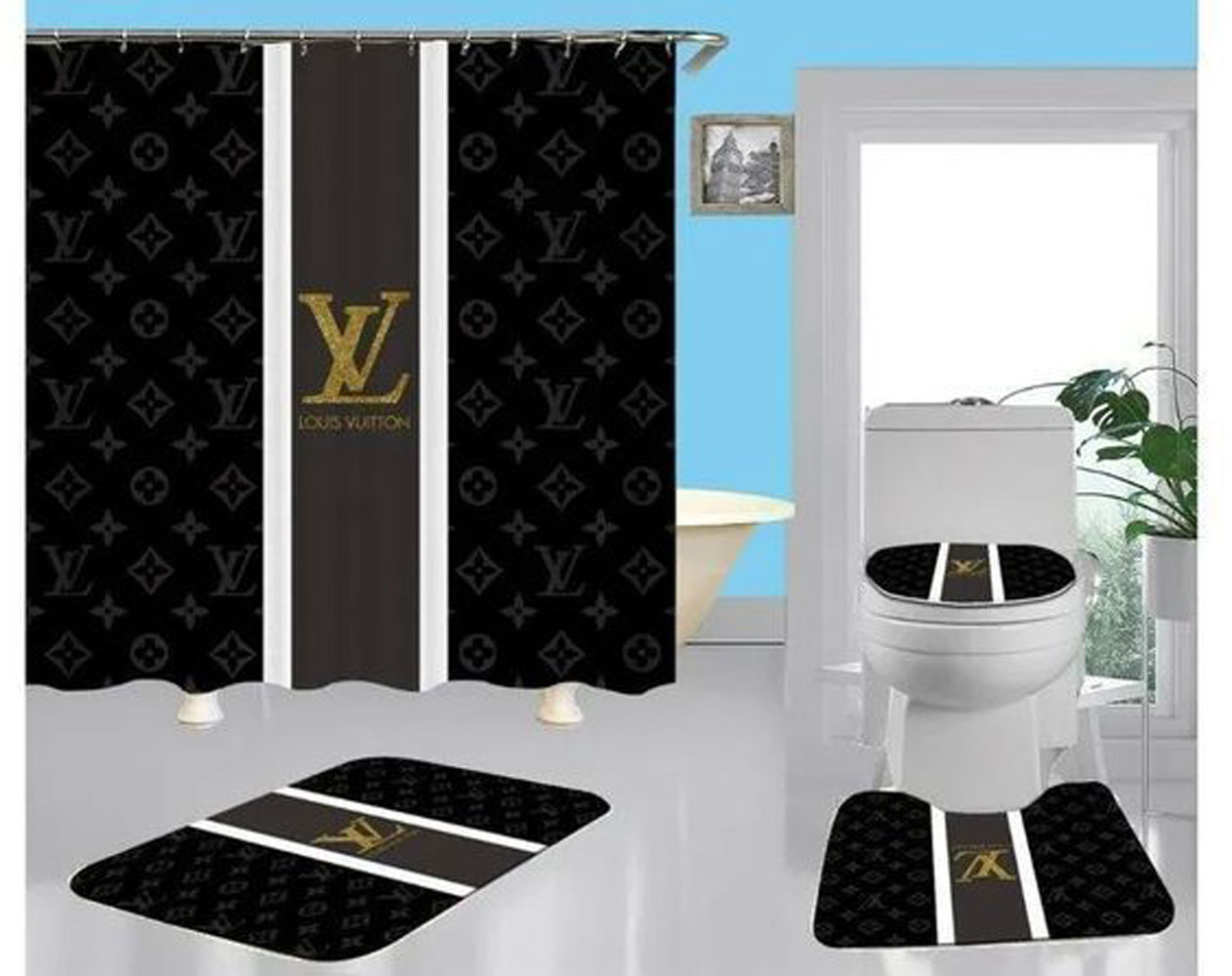 Louis Vuitton Lv Black Bathroom Set Luxury Fashion Brand Bath Mat Home Decor Hypebeast