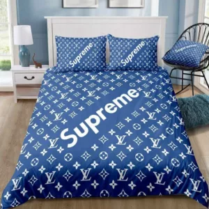 Louis Vuitton Supreme Blue Logo Brand Bedding Set Bedroom Bedspread Luxury Home Decor