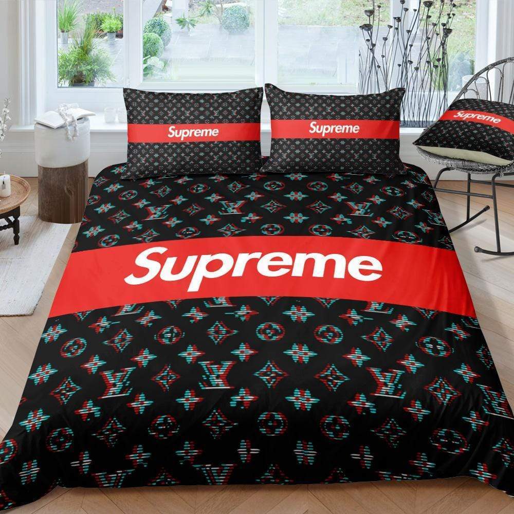 Louis Vuitton Supreme Logo Brand Bedding Set Luxury Bedspread Bedroom Home Decor