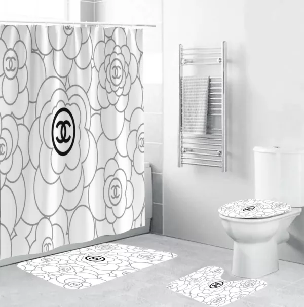 Chanel Black Signature Flowers In White Back Ground Bathroom Set Home Decor Bath Mat Luxury Fashion Brand Hypebeast