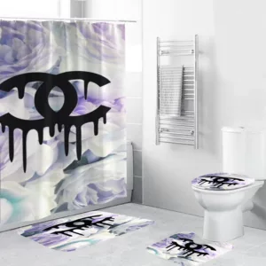 Coco Chanel Black Drippingin Floral Background Bathroom Set Hypebeast Luxury Fashion Brand Home Decor Bath Mat