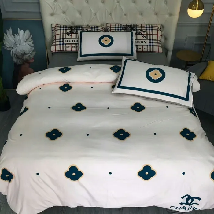 Chanel Flower White Logo Brand Bedding Set Home Decor Bedspread Bedroom Luxury