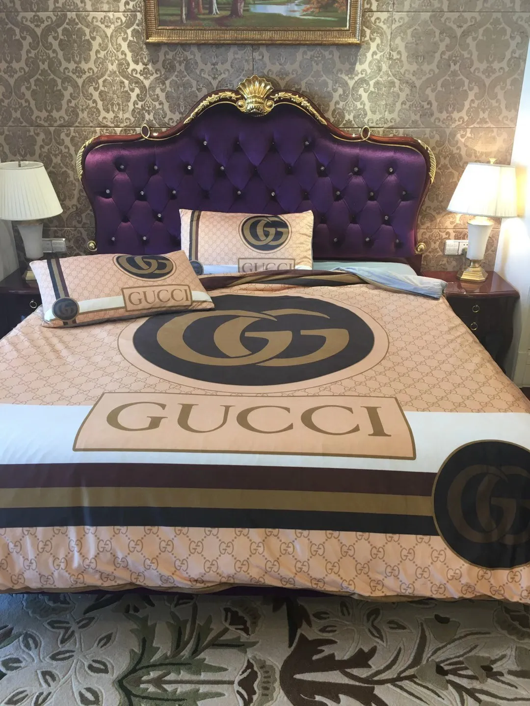 Gucci Beautiful Logo Brand Bedding Set Luxury Bedroom Bedspread Home Decor