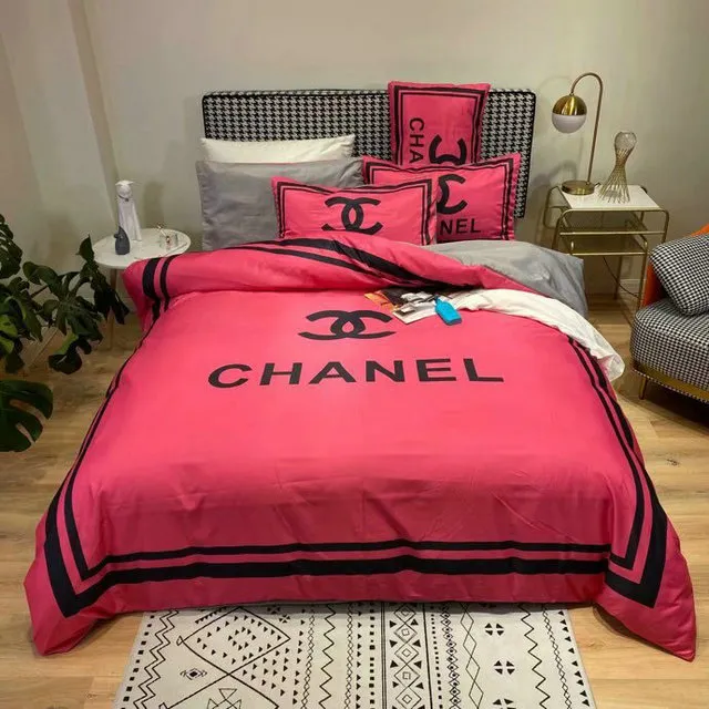 Chanel Red Logo Brand Bedding Set Bedroom Luxury Home Decor Bedspread