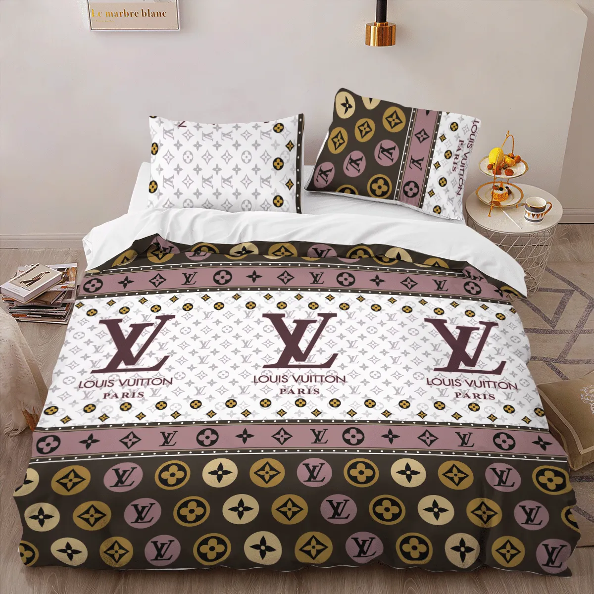 Louis Vuitton Logo Brand Bedding Set Luxury Bedspread Home Decor Bedroom