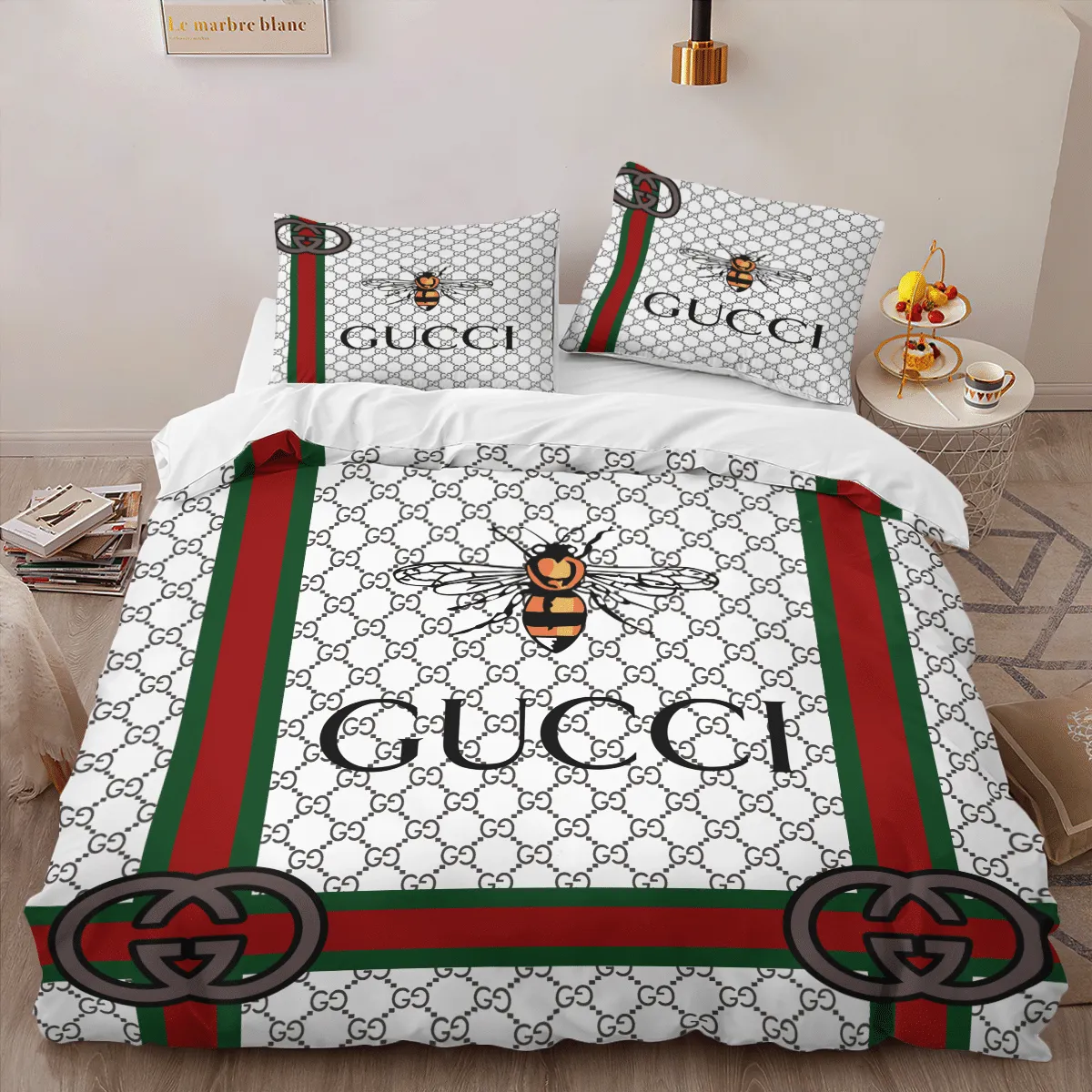 Gucci Bee White Logo Brand Bedding Set Luxury Bedroom Bedspread Home Decor