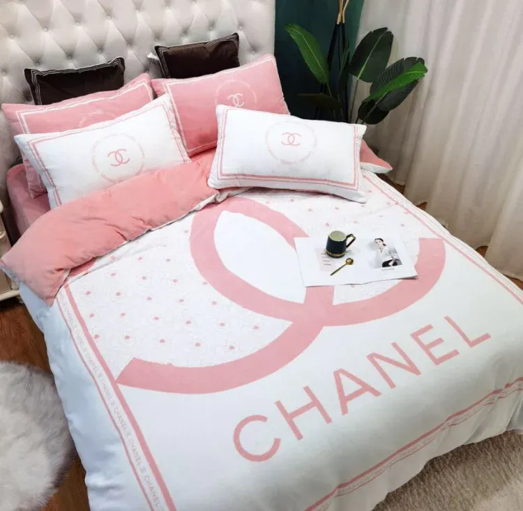 Pink Chanel Logo Brand Bedding Set Home Decor Bedroom Luxury Bedspread