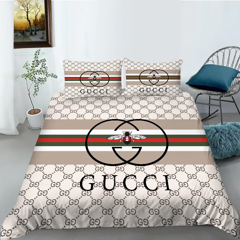 Gucci Logo Brand Bedding Set Bedspread Home Decor Luxury Bedroom