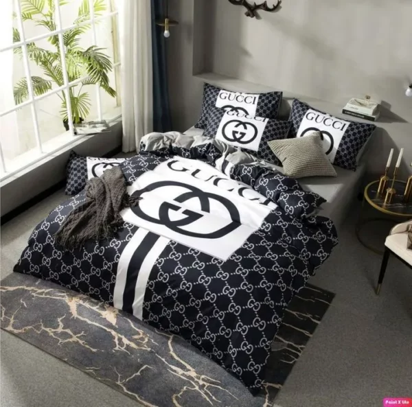 Gucci Navy Logo Brand Bedding Set Luxury Bedroom Home Decor Bedspread