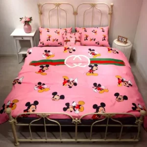 Gucci Micky Mouse Pink Logo Brand Bedding Set Home Decor Luxury Bedspread Bedroom