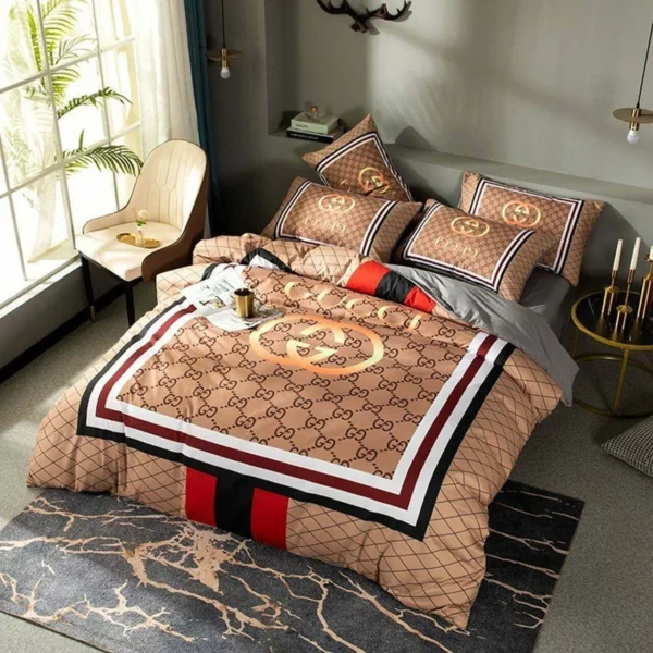 Gucci Brown Logo Brand Bedding Set Bedspread Luxury Home Decor Bedroom