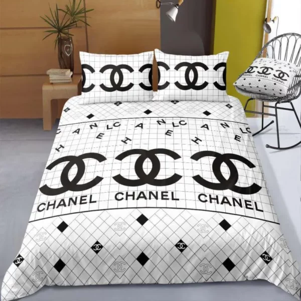 Chanel White Logo Brand Bedding Set Bedspread Luxury Bedroom Home Decor