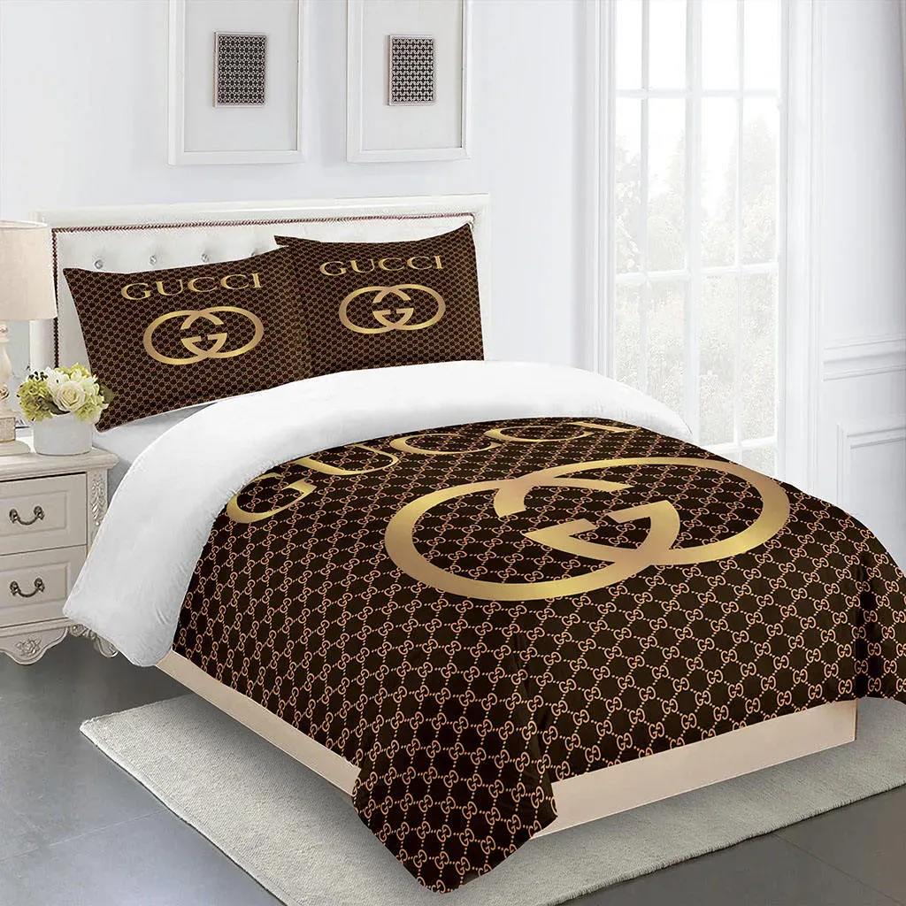 Gucci Logo Brand Bedding Set Luxury Bedspread Home Decor Bedroom