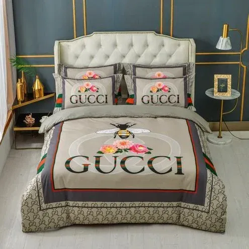 Gucci Bee Flower Logo Brand Bedding Set Bedspread Bedroom Luxury Home Decor